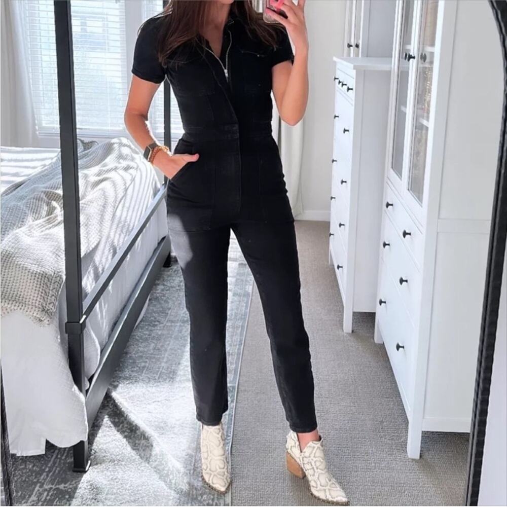 NEW GOOD AMERICAN Black Denim Jean Short Sleeve Straight Leg $218 Jumpsuit L
